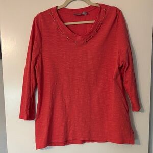 Chico’s Women's orange, 100% cotton V-Neck, detailed Top size Chico’s 2. (Large)